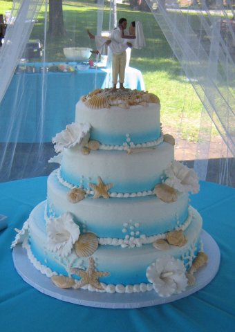 Seashells Tanya - 4 tier seashells for Tanya and Sean. Gum paste flowers, caramel/sand color shells. Blue on white airbrushing.7&quot;, 10&quot;, 13, 16&quot; tiers. 15+ pounds. Serves 125 to 140.This was at the park on a wonderful day. They had the brilliant idea to have netting draped around the table.